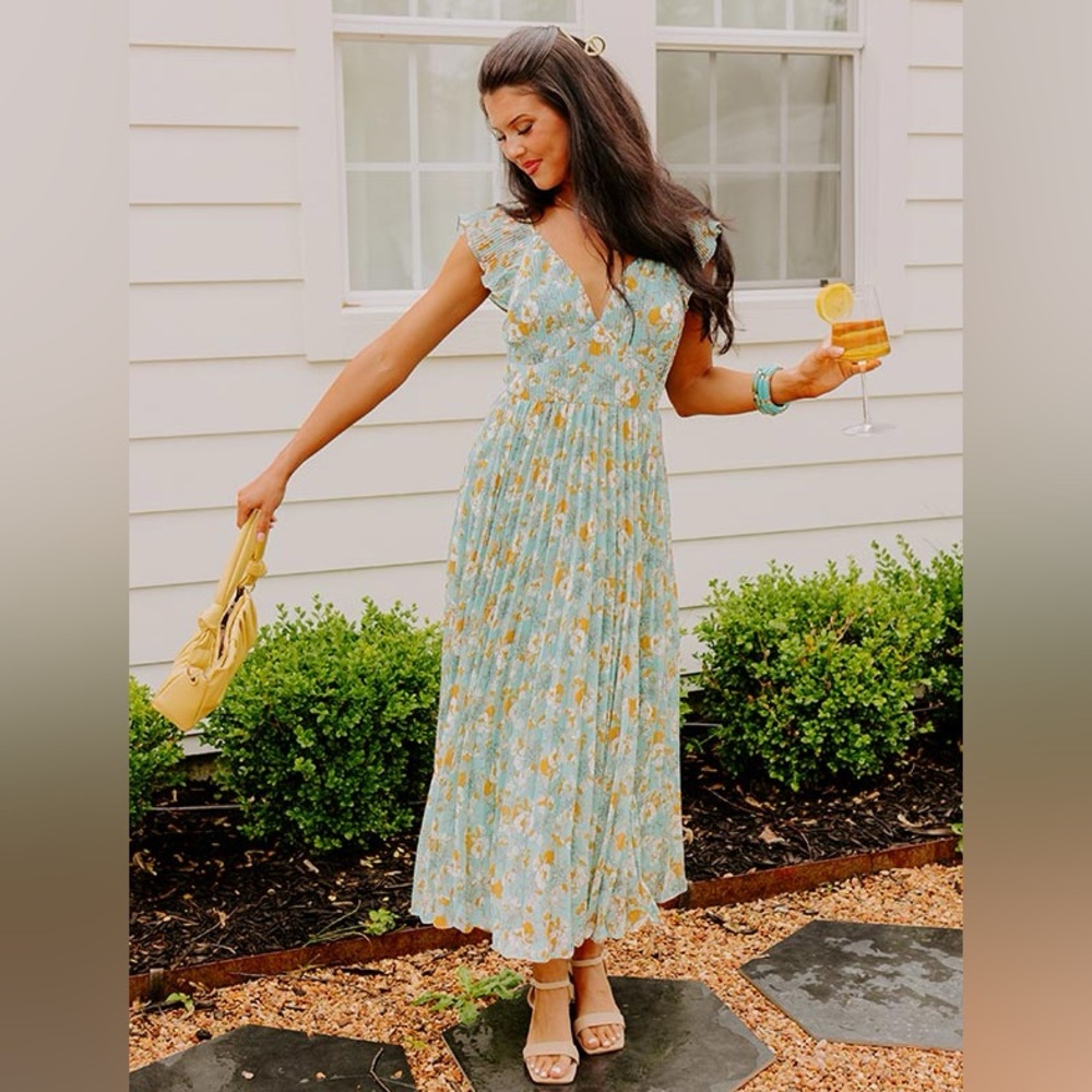 Minuet Floral V-Neck Dress in Blue and Orange